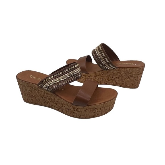 Toscanella Brown Gold Double Banded Platform Wedge Sandals Size 9 Women's - Picture 1 of 7